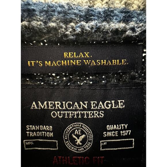 American Eagle Mens Sweater Size Medium Blue Wool Blend Athletic Fit Shawl Neck - Picture 4 of 10